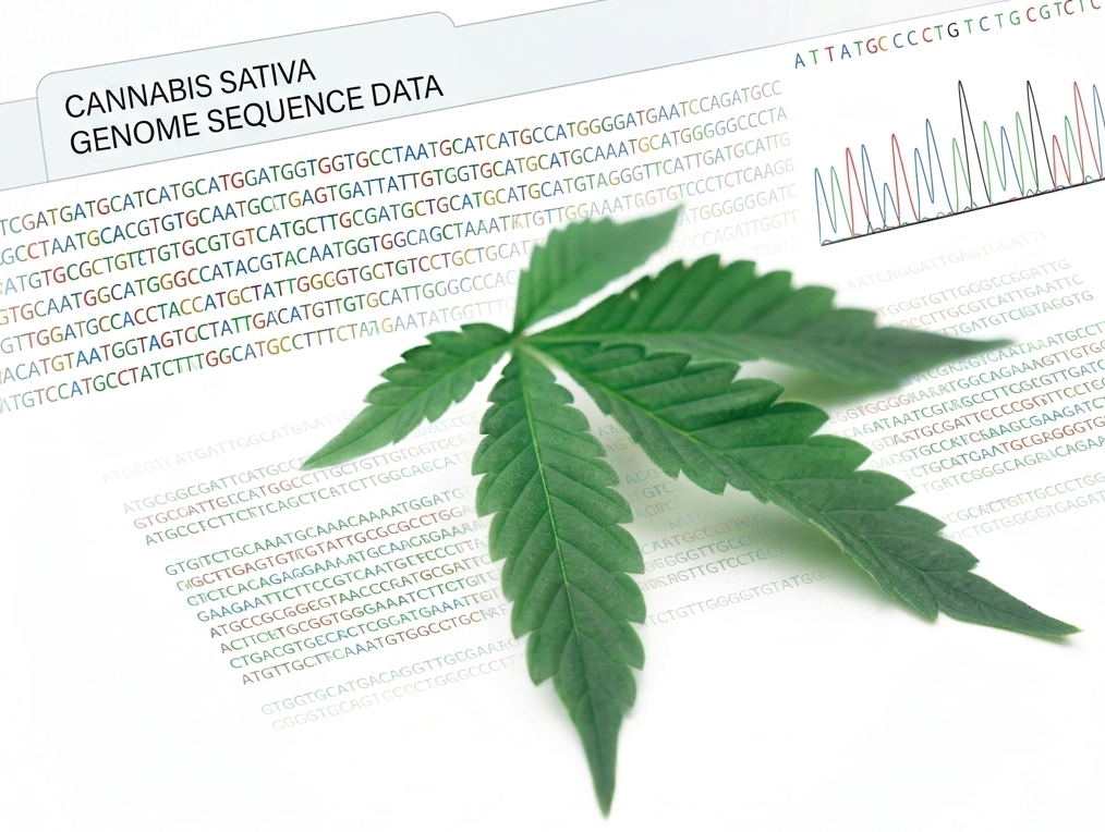 green cannabis leaf with dna sequence background